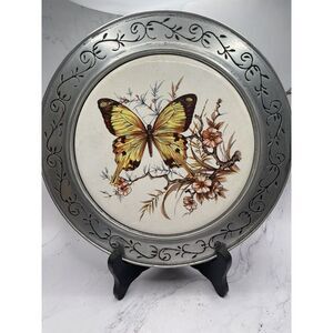 Vintage Pewter & Ceramic Yellow Butterfly Trivet by Cast‎ Craft, Columbia, PA